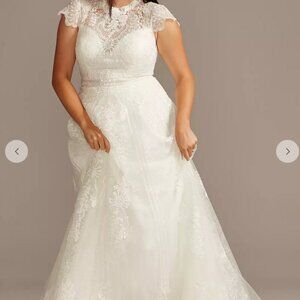 Melissa Sweet Ivory Embroidered Mock Neck Wedding Dress, Size 18W